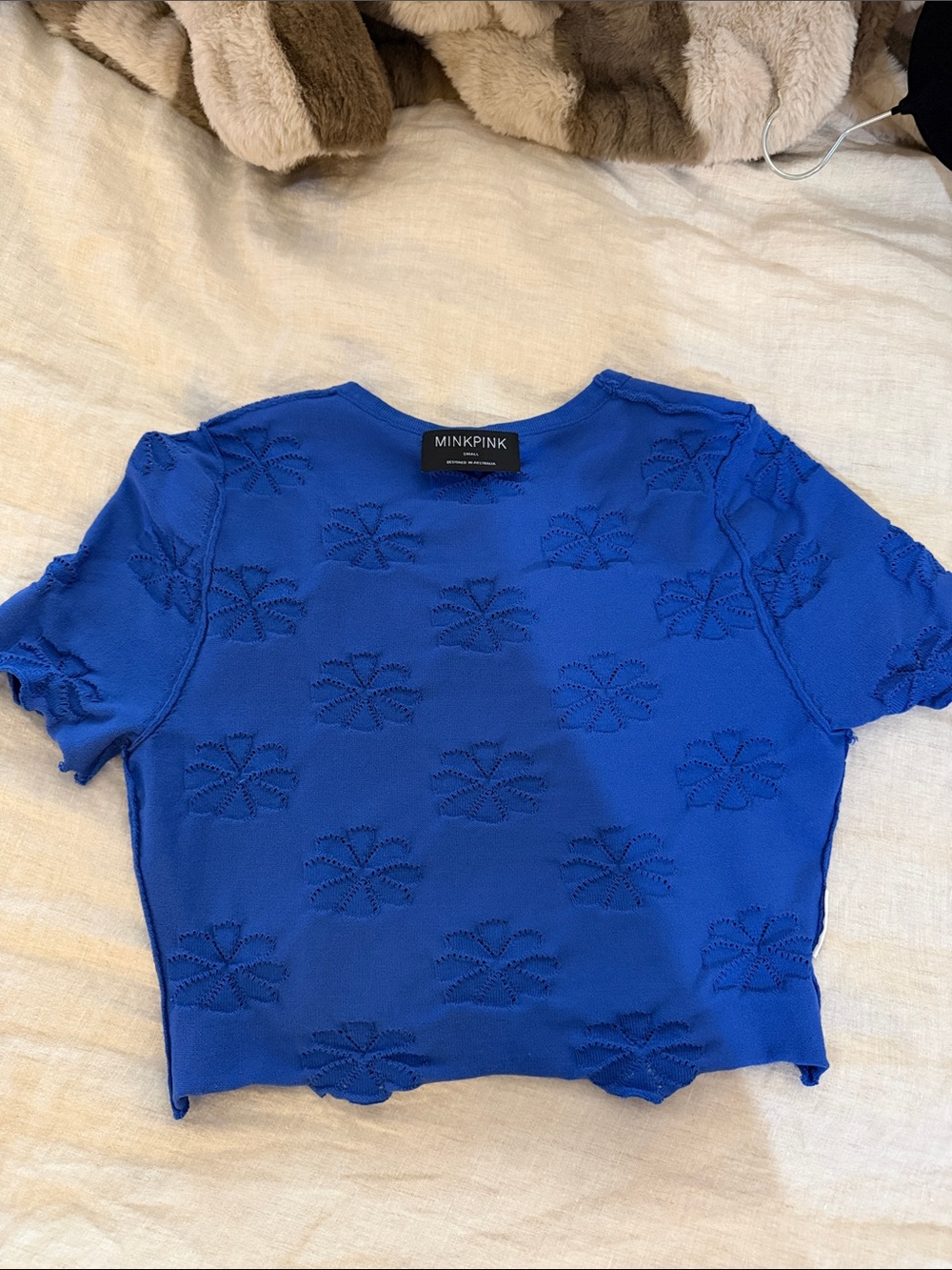 MINKPINK Cobalt Blue Short Sleeve Cropped Knit Top